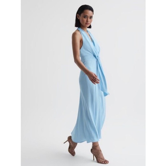 REISS AMBER HALTER NECK TIE DETAIL SILKY BLUE MIDI DRESS Size 6 NWT - Picture 3 of 11